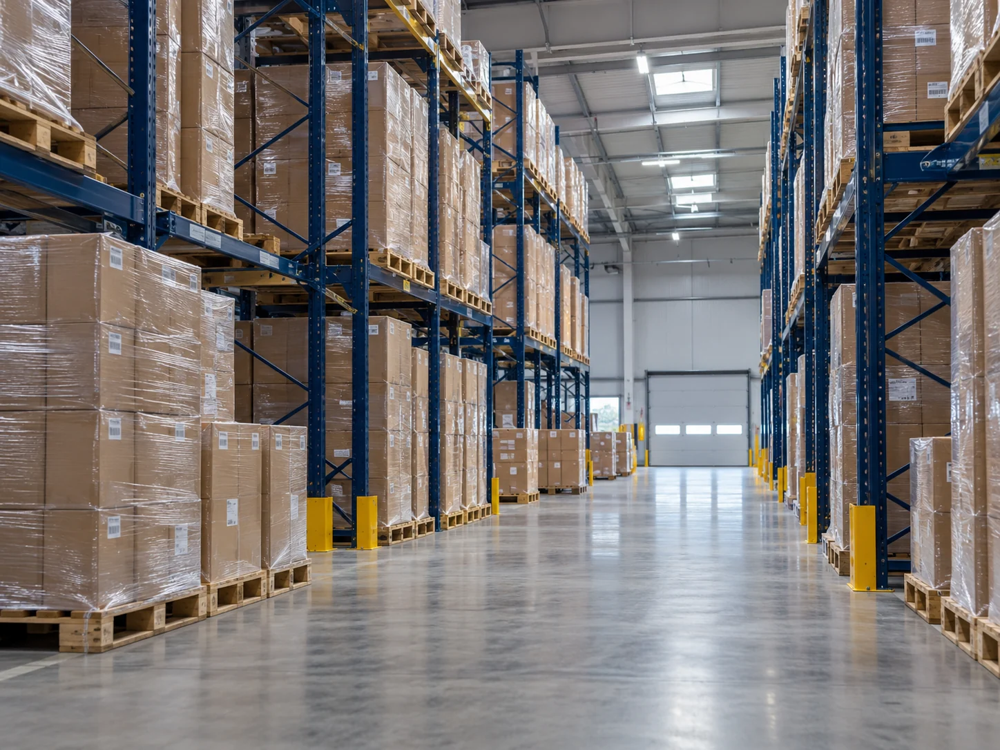 Labelled stock stored on blue warehouse pallet racks