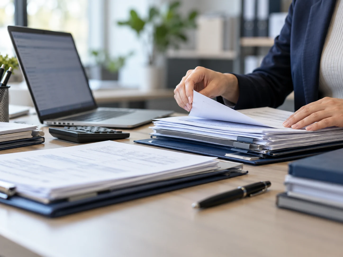 Organised business documents at an office workstation