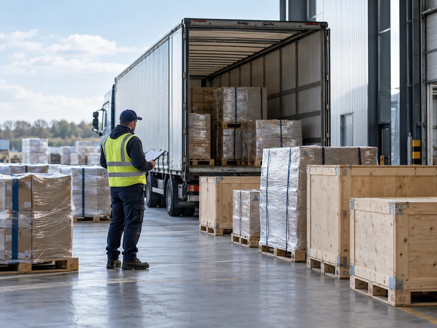 Export pallets and crates prepared beside a freight trailer