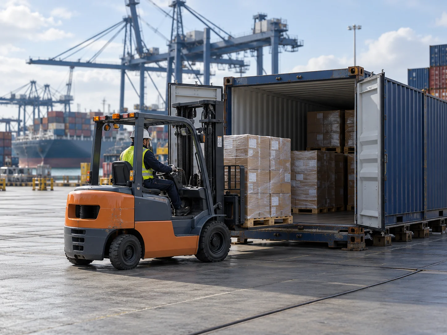 Container unloading at a freight terminal