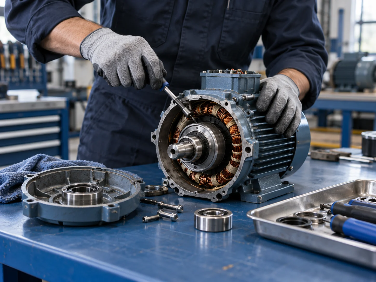 An industrial motor being repaired at a workshop bench