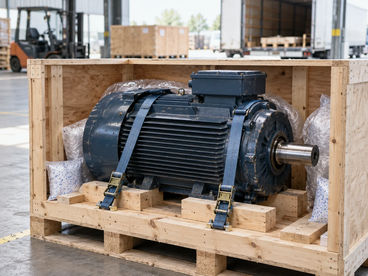 Industrial motor packed in a wooden crate for a repair shipment