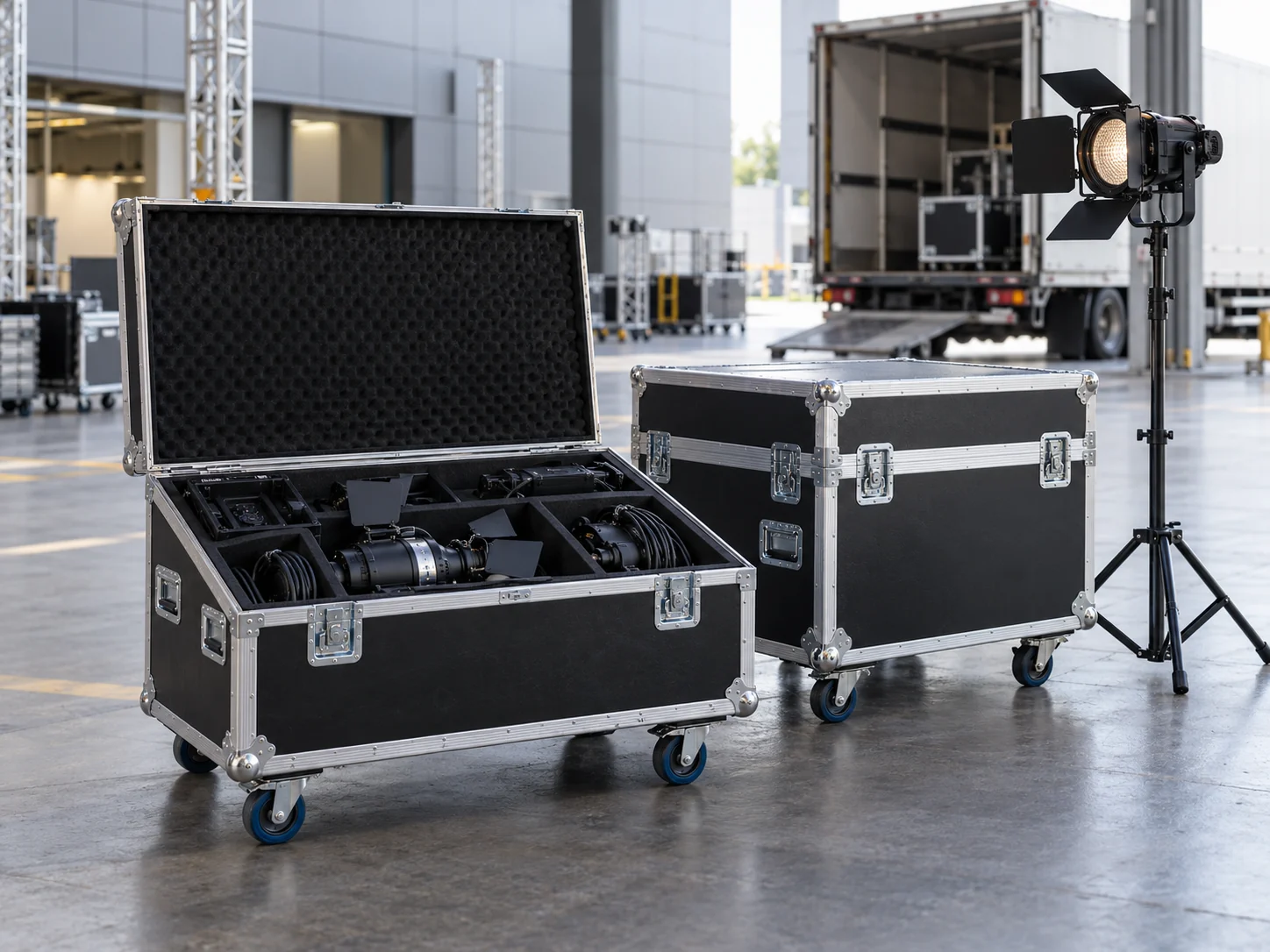 Professional lighting equipment in reusable transport cases